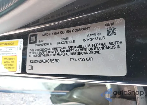 2019 Chevrolet Spark 2Lt Cvt from USA, damaged, VIN KL8CF6SA0KC728769